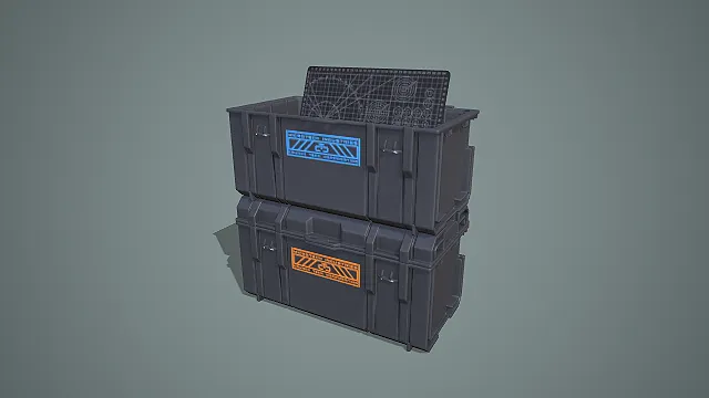 堆叠式带刻度切割垫的黑箱与橙箱工业工具箱 3D 模型