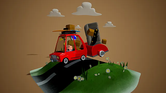 卡通风格3D旅行场景模型，创意设计（卡通场景、3D模型、红色汽车、拖车、绿色草地、白色云朵、趣味装饰、棕色背景 ）