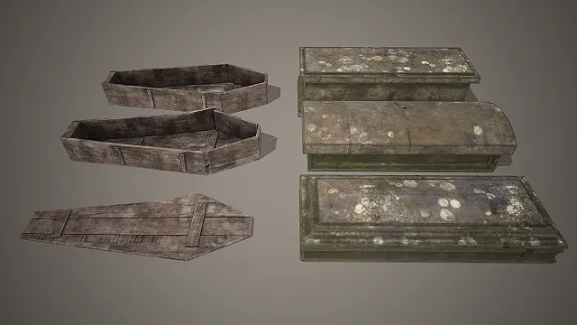 一组复古棺材的3D模型  做旧风格  恐怖主题道具  墓穴装饰