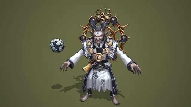 卡通 Q 版白甲黑角骷髅眼轮僵尸道长带符咒法球 3D 角色模型