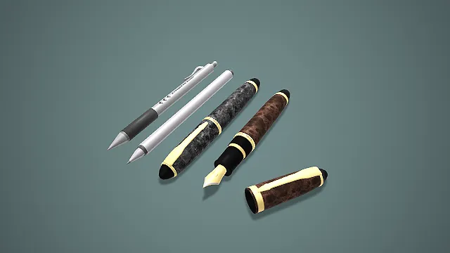 低模写实书写文具套装 3D 模型 钢笔中性笔素材