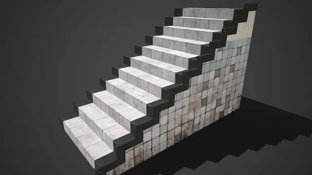 瓷砖楼梯  台阶与侧墙结构  灰白斑驳  黑色防滑条  剥落质感  老旧建筑  