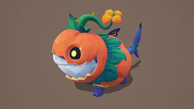 3D卡通风格南瓜鱼形生物模型，创意设计（3D生物、卡通风格、奇幻风，生物设计主题，物品元素）