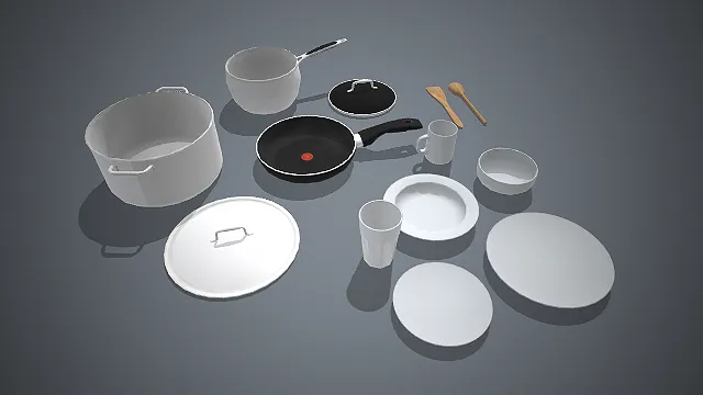 一套包含锅具、餐具和厨具的厨房用品 3D 模型