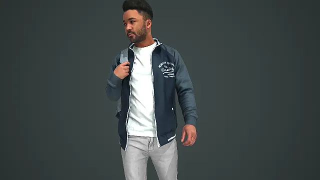 深灰夹克配浅灰裤男性背包站姿休闲人物 3D 模型