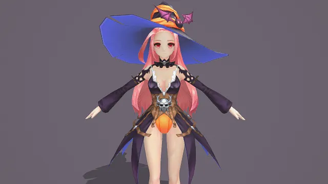 3D卡通风格粉紫橙蓝系万圣节女巫角色模型，创意设计（3D角色、卡通风格、万圣节奇幻风，角色设计主题）