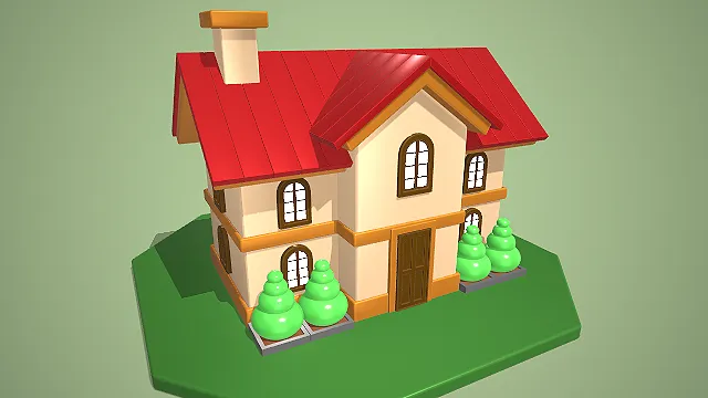 卡通风格两层带庭院别墅 3D 低多边形场景装饰模型.fbx