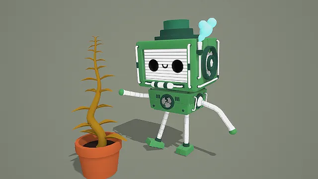 3D卡通风格机械角色与植物场景模型，创意设计（3D场景、卡通风格、可爱机械风，场景设计主题）