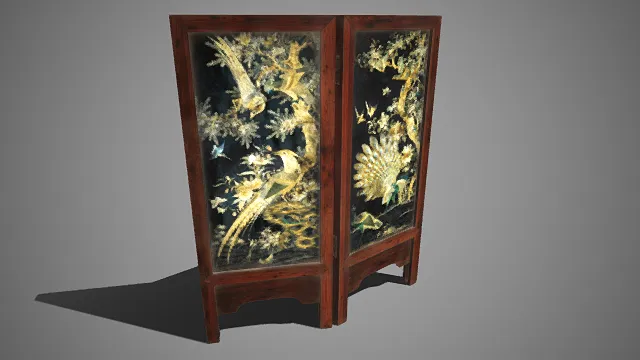 双扇中式屏风  深色木质框架  花鸟纹饰  细腻华丽  刺绣  传统装饰隔断  中式古典美学