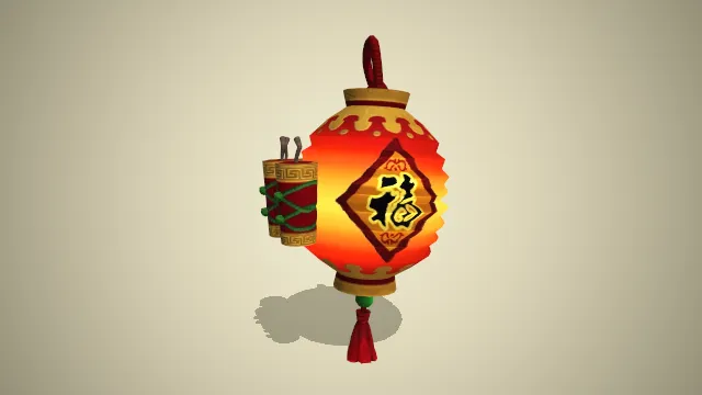 红色可折叠灯笼贴着福字旁边绑着三个爆竹