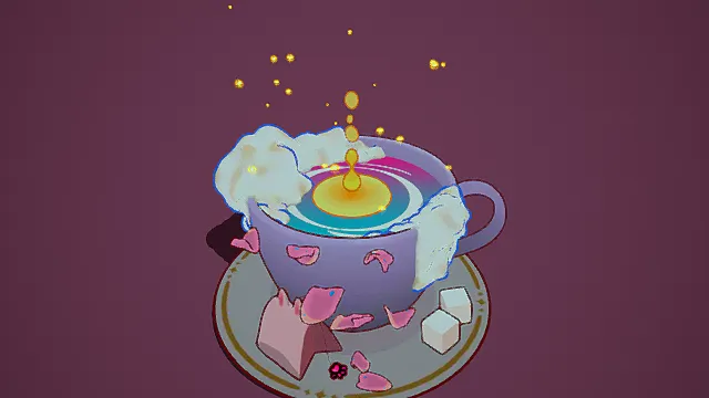 奇幻风格插画，创意设计（奇幻插画、卡通风格、彩色茶杯、漂浮泡沫、金色水滴、粉色花瓣、方糖、紫色背景 ）