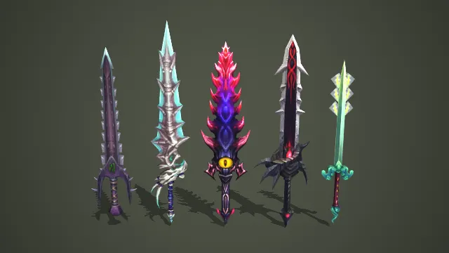 五款暗黑魔幻风格符文长剑武器道具模型