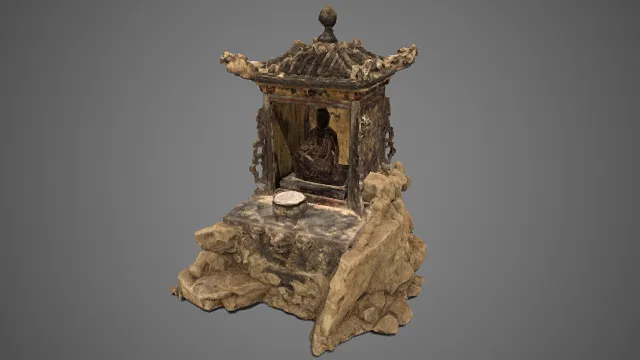 小型佛龛  亭式结构  瑞兽造型  佛像  表面粗糙  小型香炉  古雅沧桑 