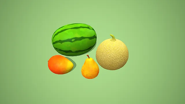 西瓜哈密瓜梨组合 3D 低多边形美食场景装饰模型