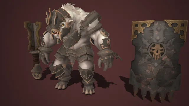 白鬃兽型战士  巨刃配盾  暗黑甲胄  骷髅纹盾  兽人守卫  3D 角色模型  野蛮战力  攻防兼备