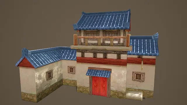 3D卡通风格中式院落建筑模型，创意设计（3D建筑、卡通风格、古朴雅致，文化/民居主题，物品元素）