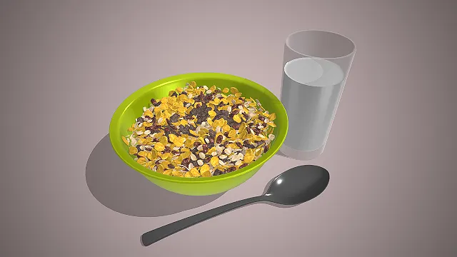 一个写实风格的常见健康早餐什锦麦片的模型