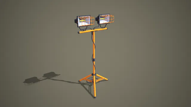 橙色双灯头立式工地灯 3D 低多边形照明工具模型