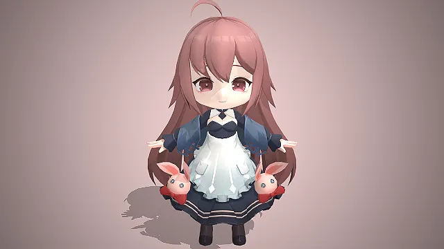 粉棕长发  兔子玩偶  呆毛  卡通渲染