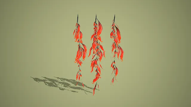 卡通风格三组垂坠红叶植物组合奇幻场景装饰模型