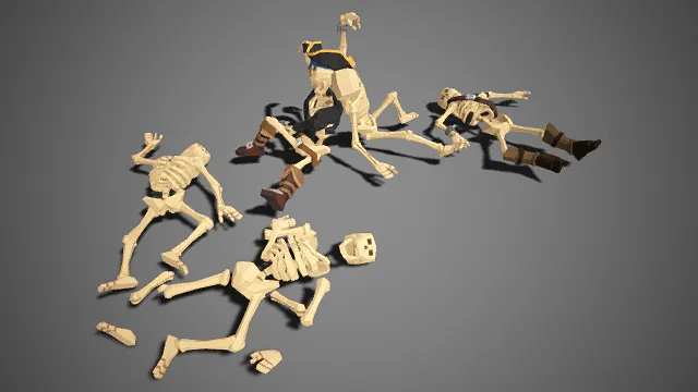 低多边形  骷髅残骸  战败狼藉  骸骨  破碎残肢  姿态扭曲散落  惨烈