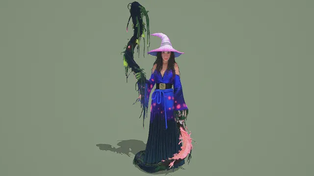 3D卡通风格紫粉黑绿系藤蔓女巫角色模型，创意设计（3D角色、卡通风格、卡通奇幻风，角色设计主题）
