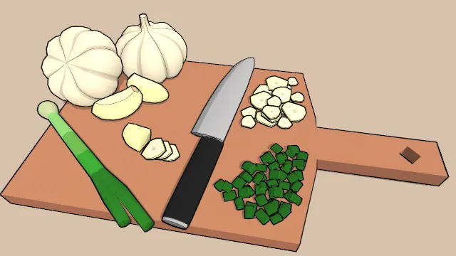 放有调味蔬菜食材的切菜板放有菜刀