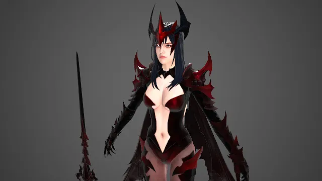 3D 角色  女魔形象  尖刺战甲  长刃  金属质感  暗黑