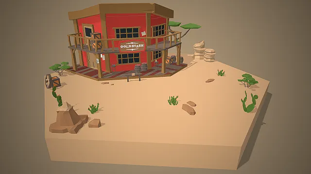 一个卡通风格的3D低多边形西部酒馆模型，地上布满仙人掌