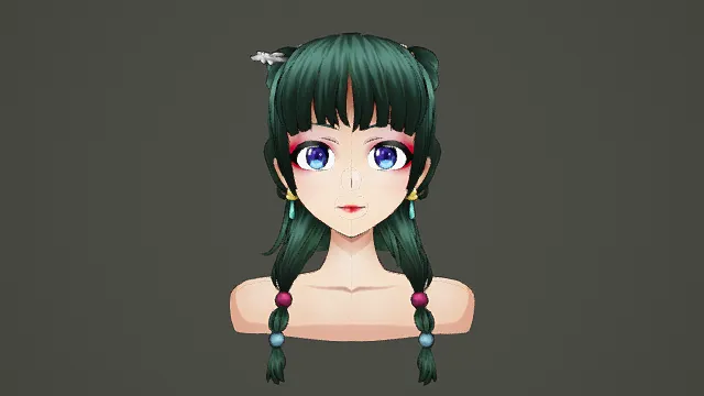 3D卡通风格绿红蓝系古风少女角色模型，创意设计（3D角色、卡通风格、卡通古风，角色设计主题）