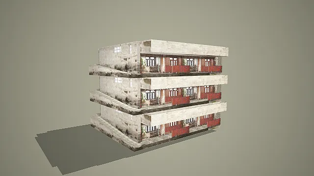 三层带防护网与串灯的老旧居民楼 3D 模型