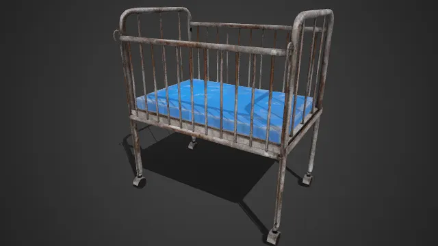 做旧风格  医用婴儿床  锈蚀严重  金属铁架  防护围栏  蓝色床垫  儿童护理床  