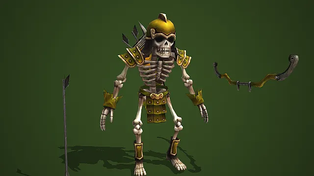 卡通 Q 版绿甲骷髅弓兵配弓箭亡灵怪物 3D 模型