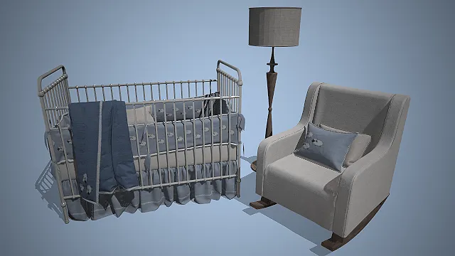 复古铁艺婴儿床  小羊图案床品  布艺摇椅  木质落地灯