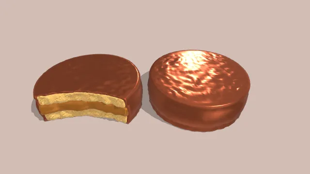 一个巧克力蛋糕甜点的建模模型，蛋糕呈圆形，表面覆盖着一层光滑的巧克力