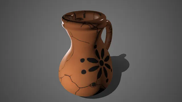 棕陶水壶  裂纹  质朴  老化  黑色花卉图案  哑光质感  