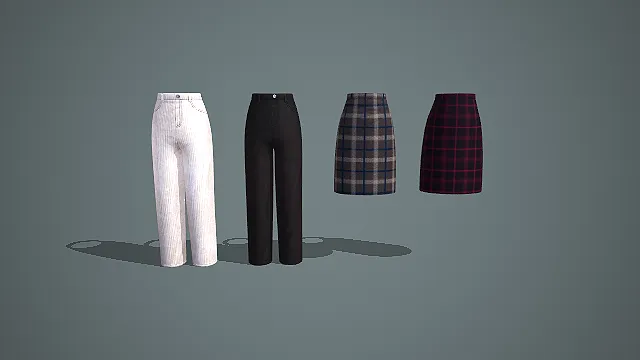 竖条纹阔腿裤与格纹包臀半身裙组合 3D 模型