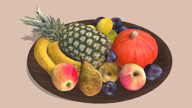 盘子装的水果食物香蕉菠萝梨苹果桃柠檬火龙果