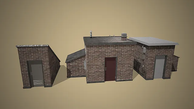 红砖小型建筑组  工业附属房  做旧红砖材质  墙面电气箱