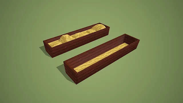 卡通风格两款带食物长木槽组合 3D 低多边形场景装饰模型