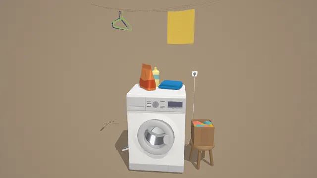 3D卡通风格白橙蓝黄绿系洗衣场景模型，创意设计（3D家电、卡通风格、卡通生活风，场景设计主题）