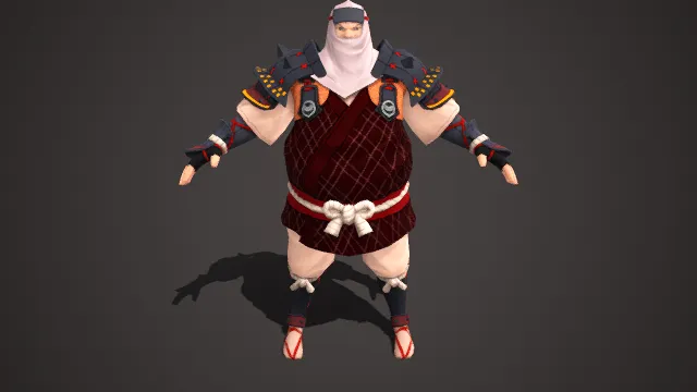 反差风格  武士角色  身形圆胖  白巾蒙面  和风经典元素  尖刺铆钉装饰  红黑格纹