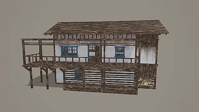 复古临水架空连廊民居3D模型