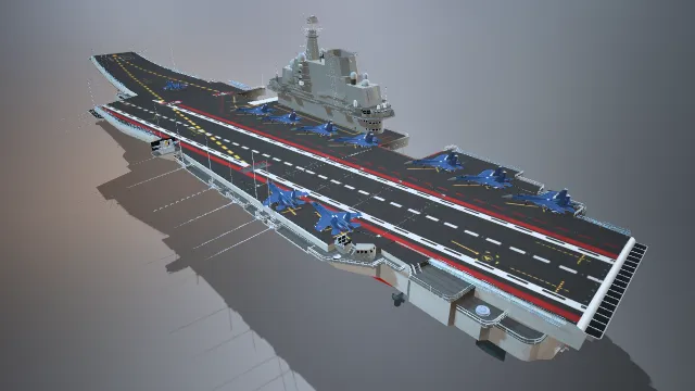 滑跃起飞型航空母舰  蓝色涂装的舰载战斗机  军事运输载具  飞行指挥舰桥