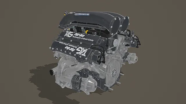 3D卡通风格黑透明白系发动机模型，创意设计（3D发动机、卡通风格、卡通机械风，发动机设计主题）