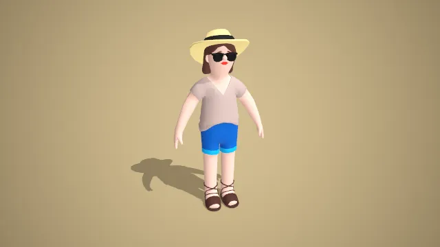 卡通棕发女性角色 3D 模型草帽墨镜款