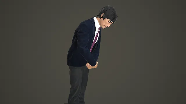 穿西装紫领带躬身垂手的商务男性写实模型