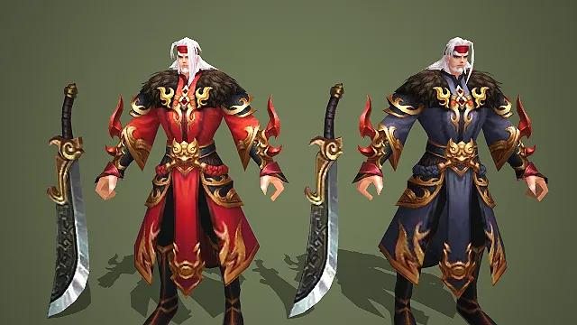 双色锦袍白发武将配雕花长刀角色套装模型
