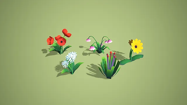 罂粟风铃草风信子组合 3D 低多边形花草模型