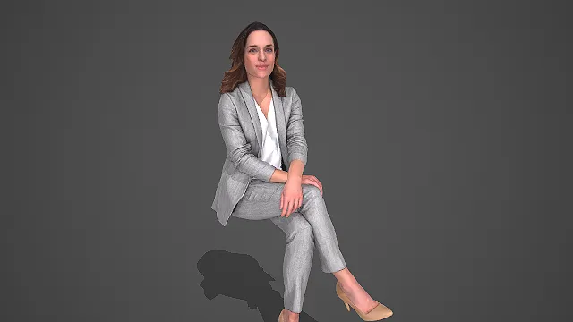 浅灰西装套装女性坐姿轻商务人物 3D 模型